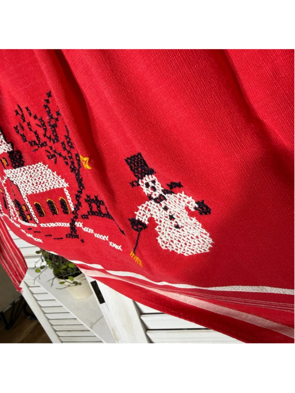 Vintage red cloth Christmas apron cross stitch snowman winter scene cottage OS